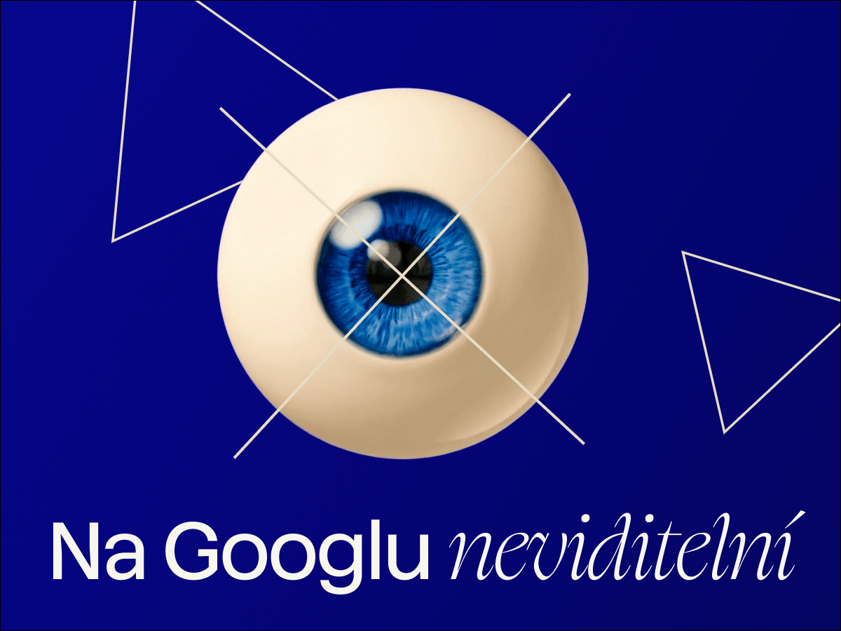 Na obrázku je modré oko s textem Na Googlu neviditelní na modrém pozadí s bílými čarami. Grafika symbolizuje téma ochrany soukromí a anonymity na internetu.