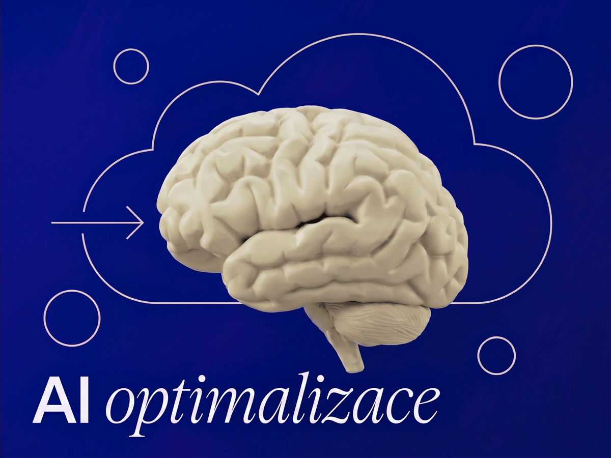 Mozek před modrým pozadím ve tvaru cloudu s textem AI optimalizace. Ilustrace zobrazuje koncept umělé inteligence a technologických inovací v oblasti optimalizace.