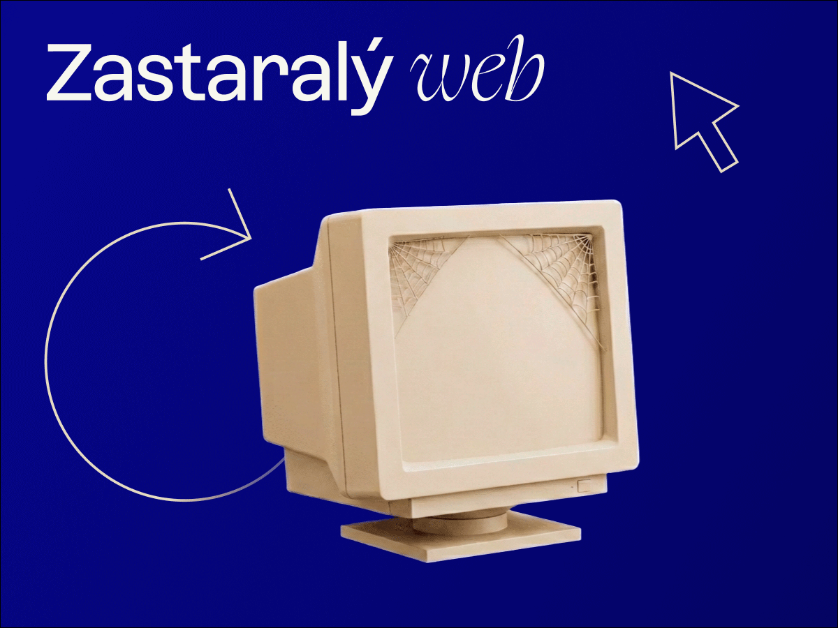 Zastaralý počítačový monitor na tmavě modrém pozadí s nápisem Zastaralý web ilustruje zastaralou technologii a design internetových stránek.