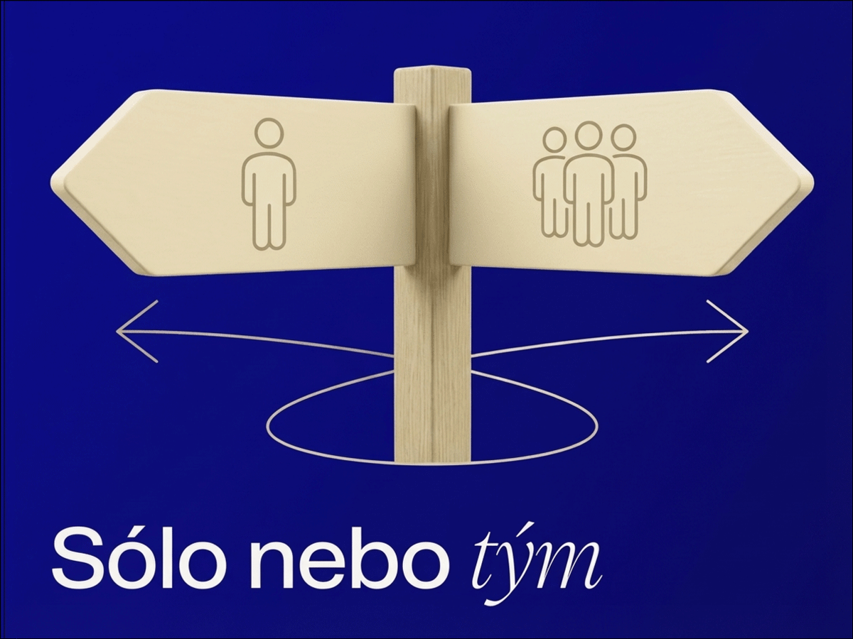 Ukazatel volby mezi sólovou činností a prací v týmu se šipkami znázorňujícími možnosti výběru na modrém pozadí s ilustracemi jednotlivce a skupiny lidí.