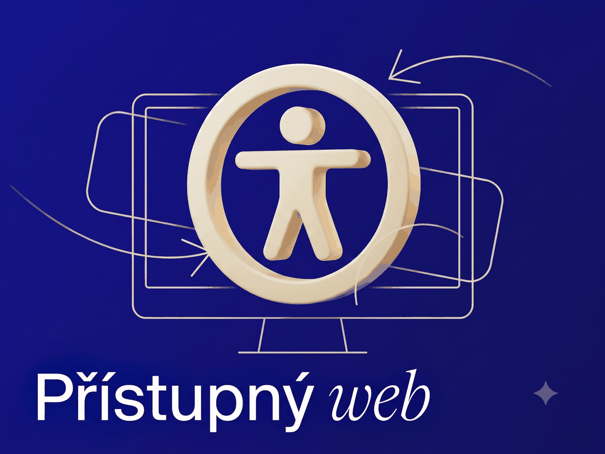 A cream-colored 3D accessibility symbol—a figure with outstretched arms inside a circle—in front of the outline of a computer monitor on a deep blue background. The illustration depicts the legal requirement that a website be navigable without a mouse and readable by assistive technologies.