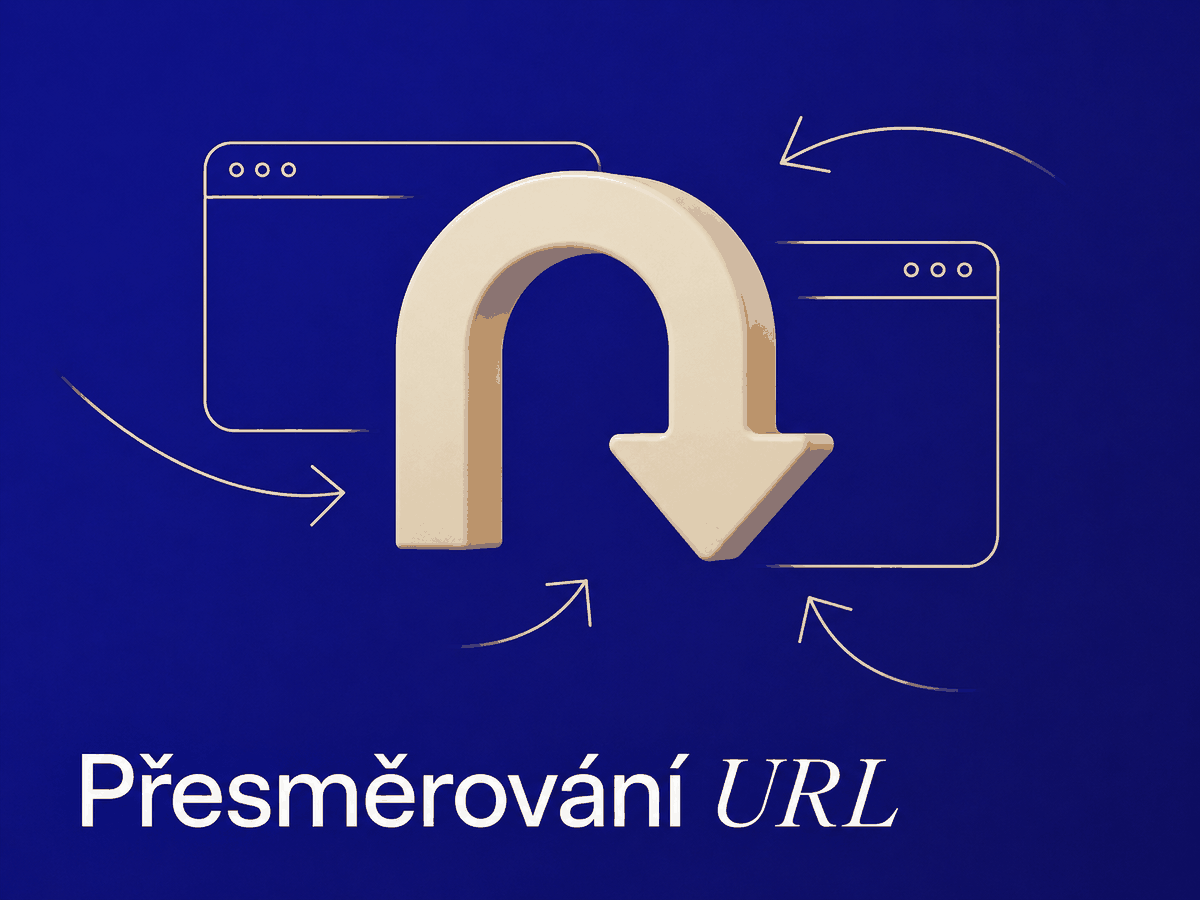 A creamy 3D arrow curved into a U-shape between the outlines of two browser windows on a deep blue background. The illustration depicts a URL redirection from one page to another.