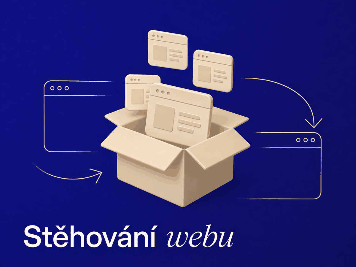 Krémová 3D stěhovací krabice, ze které vylétají okna prohlížeče, mezi obrysy dvou rámečků na sytě modrém pozadí. Ilustrace znázorňuje stěhování webu z jednoho místa na druhé.