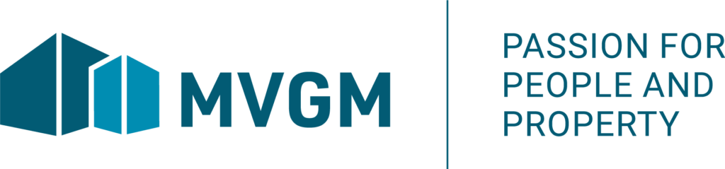Logo společnosti MVGM s mottem Passion for People and Property v modrých odstínech na černém pozadí symbolizující závazek a vášeň pro lidské a nemovitostní služby