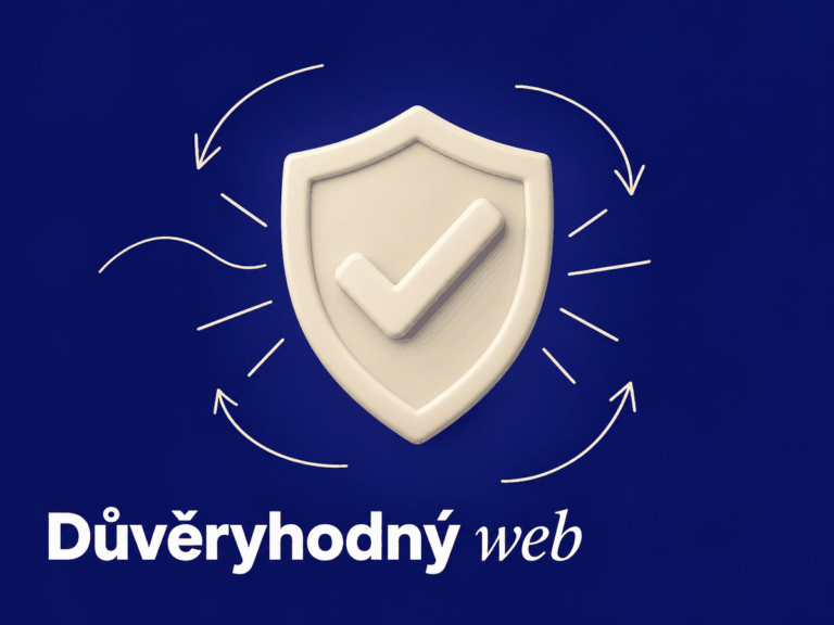 A creamy beige 3D shield with a large checkmark in the center on a deep blue background, surrounded by thin curved arrows and the caption „Trusted Site.“ The shield represents the website’s trustworthiness and the E-E-A-T principle.