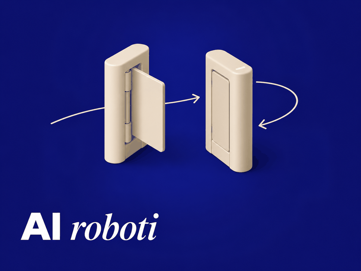 Ilustrace turniketu jako metafora pro AI roboty na webu: jedno křídlo otevřené pro povolené crawlery, druhé zavřené pro blokované. Nápis AI roboti na tmavě modrém pozadí.