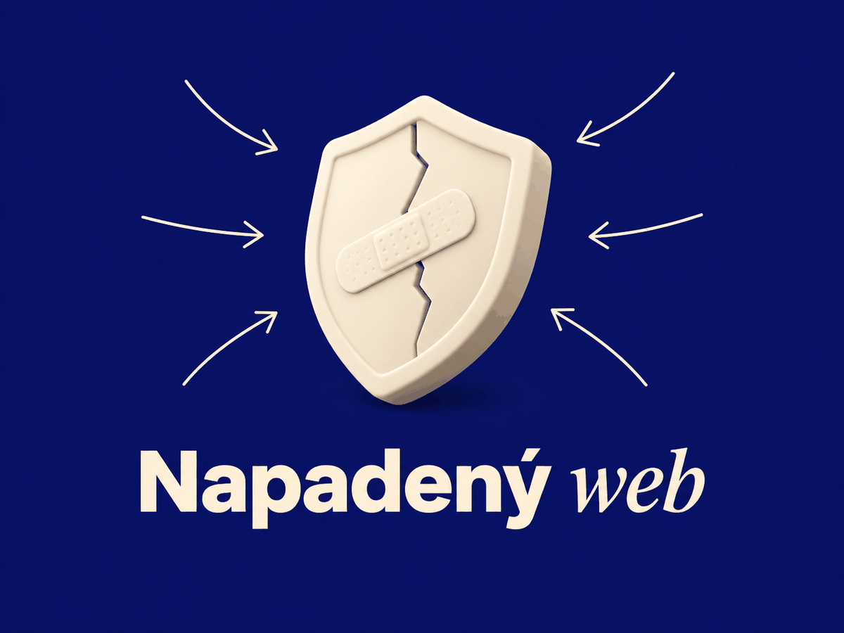 Napadený web znázorněný jako prasklý štít s náplastí, symbol zabezpečení a nápravy po napadení hackery