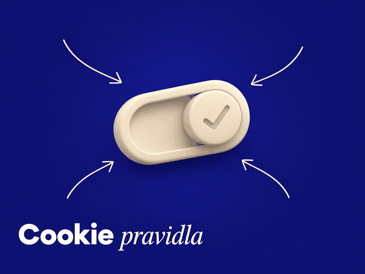 Bílý krémový 3D přepínač se zaškrtávací fajfkou na tmavě modrém pozadí se šipkami. Ilustrace souhlasu s cookies a pravidel pro jejich nastavení na webu.