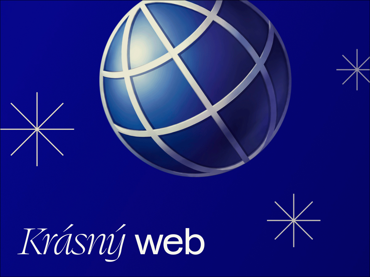 Modrý kulatý globus na tmavě modrém pozadí s bílými hvězdami a textem Krásný web symbolizuje propojení a estetiku moderního designu a internetových stránek.