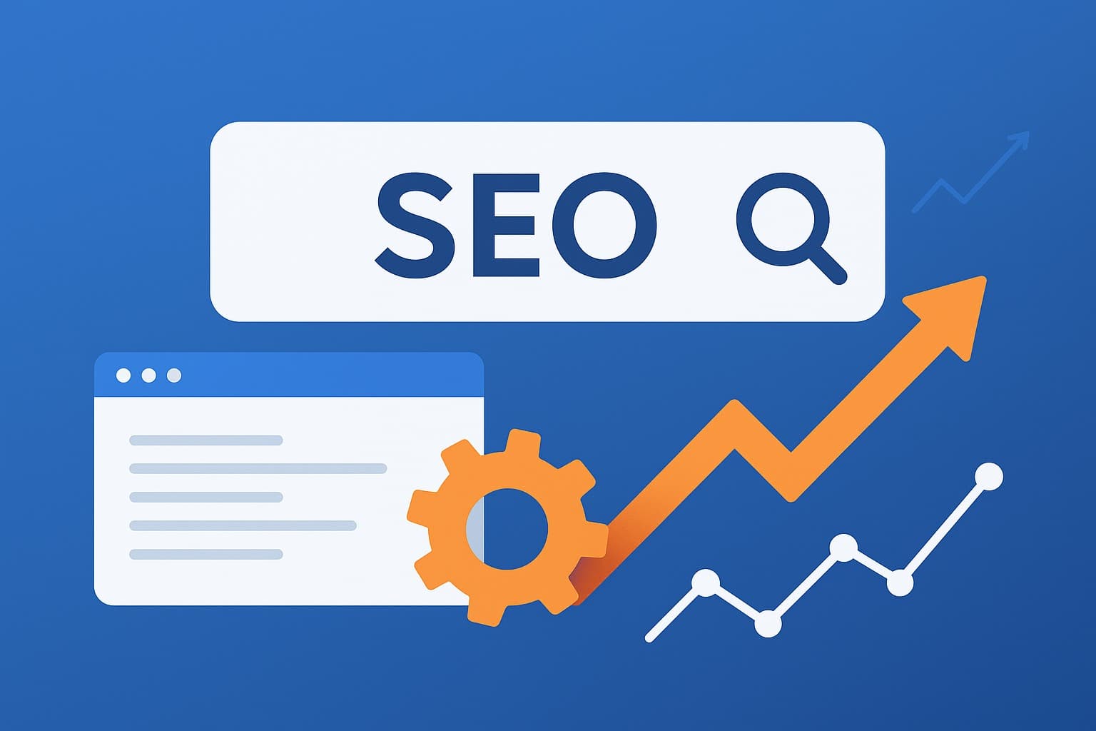 SEO koncept s grafem a ozubeným kolem na modrém pozadí
