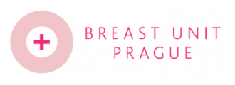 Logo Breast Unit Prague zobrazuje růžový symbol s křížem a nápis v anglickém jazyce na černém pozadí symbolizující péči a podporu pro ženy v oblasti zdraví prsou.