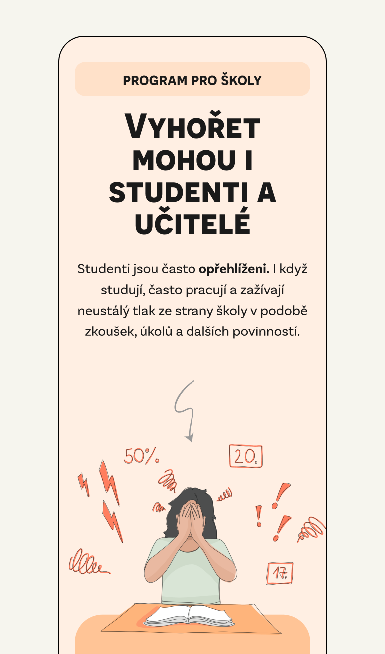 A student sits at a desk with his head bowed, surrounded by symbols of stress and numbers. The text warns against burnout among students and teachers and highlights the pressure from schools.