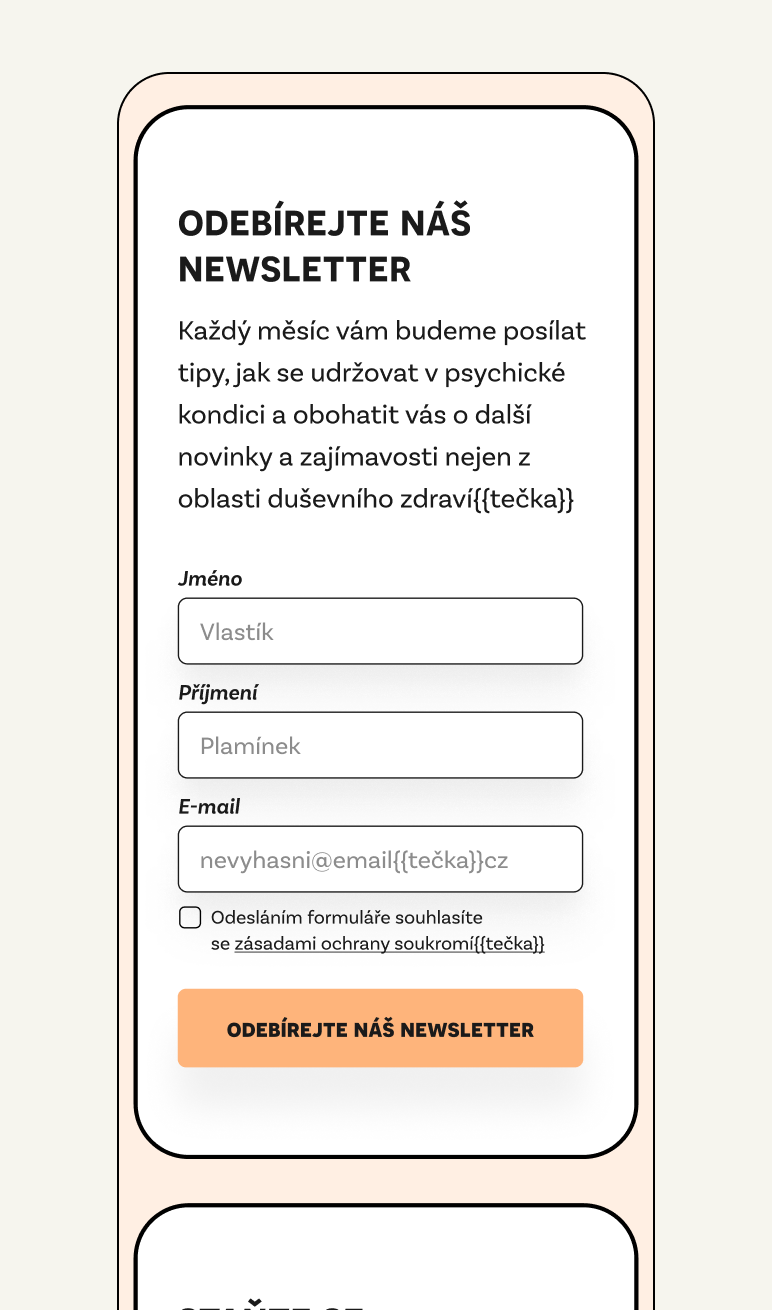 A form to subscribe to a newsletter featuring tips and news about mental health. It includes fields for first name, last name, email address, and consent to the privacy policy.