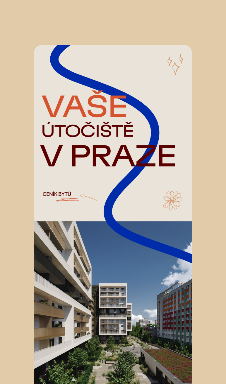 Modern apartment buildings in Prague with the tagline “Your Haven in Prague.” The project shown offers modern living and comfort in a quiet Prague neighborhood.