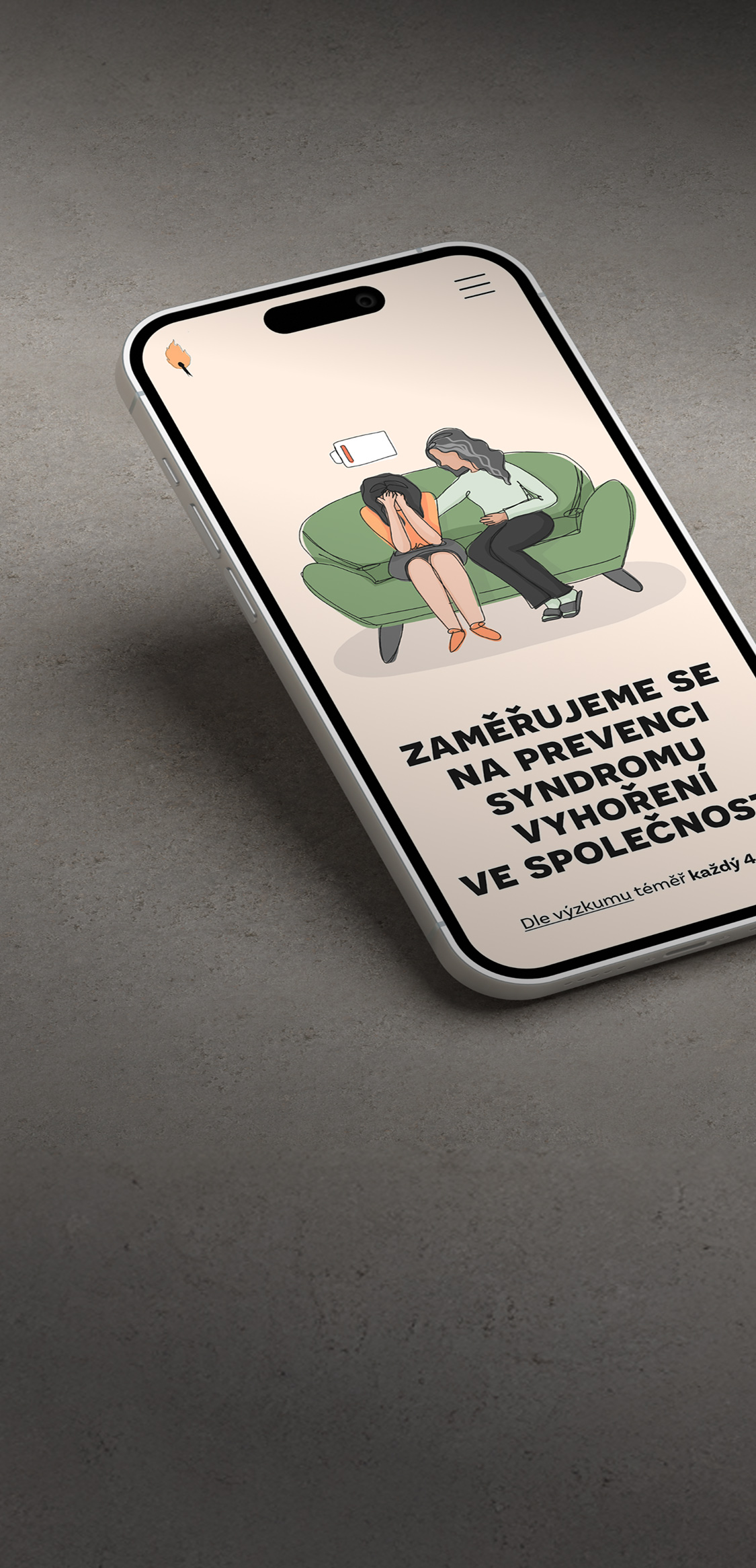 A smartphone displays an illustration of two people sitting on a couch and text focusing on the prevention of burnout in the workplace. A concrete surface in the background.