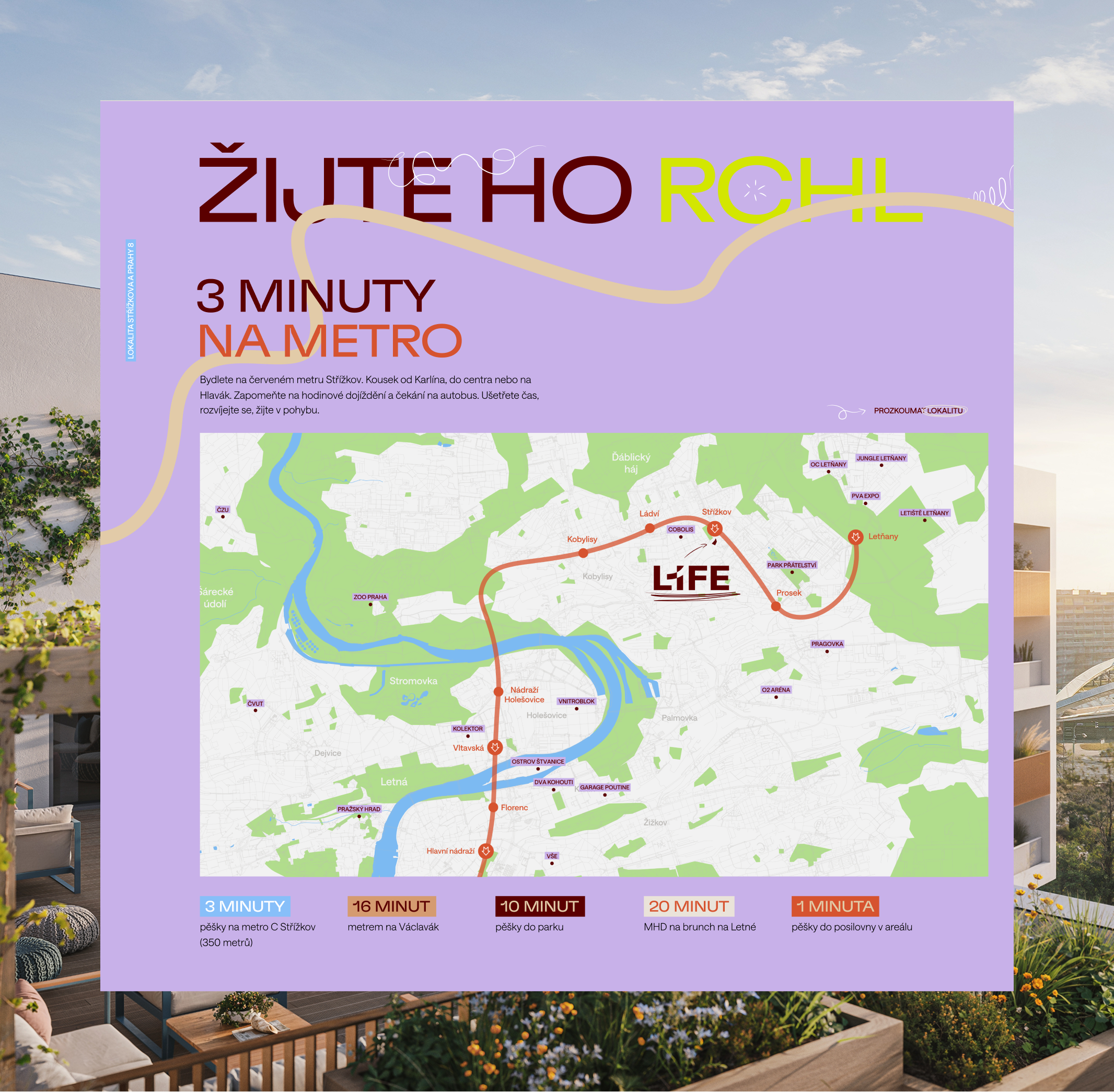 An interactive accessibility map called "Žluté Ho Rohl" shows distances from the metro station in minutes, highlighted on a purple background against a backdrop of the outdoor environment.