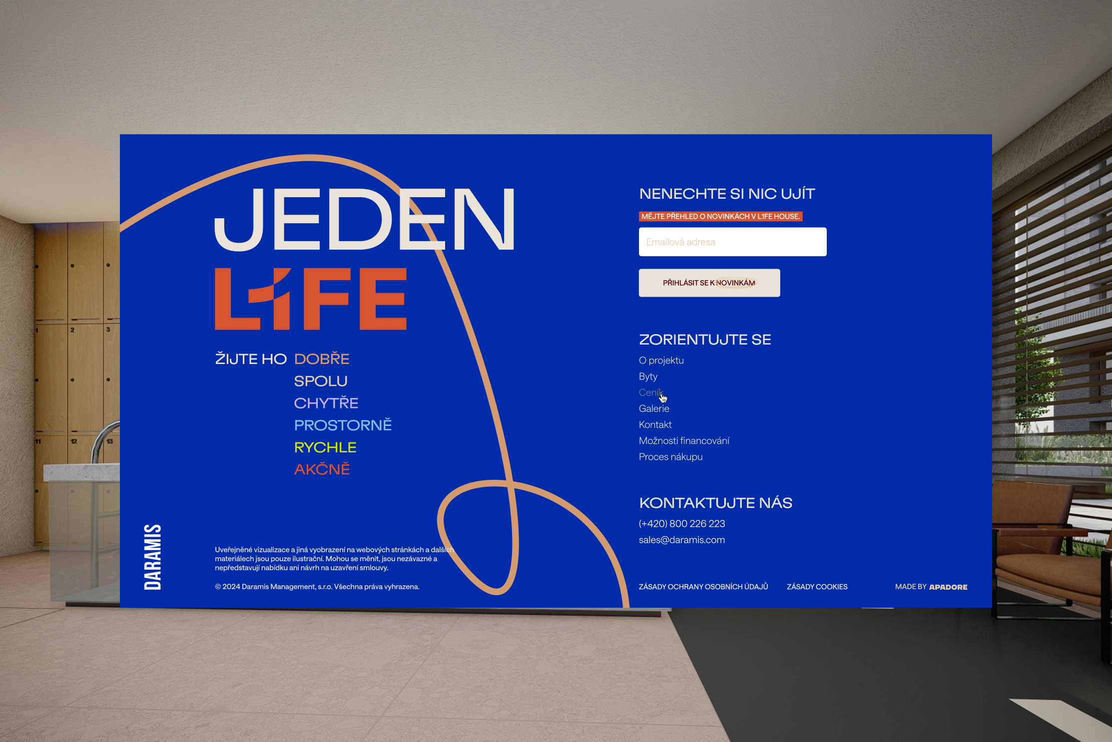 A blue design panel featuring the "Jeden Life" logo and the company's contact information. It offers services such as security, smart solutions, and technology integration for modern living.