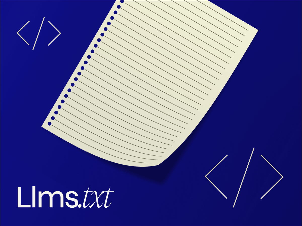 A sheet of lined paper on a blue background depicts a simple text document titled "lms.txt," surrounded by symbols reminiscent of coding or programming.