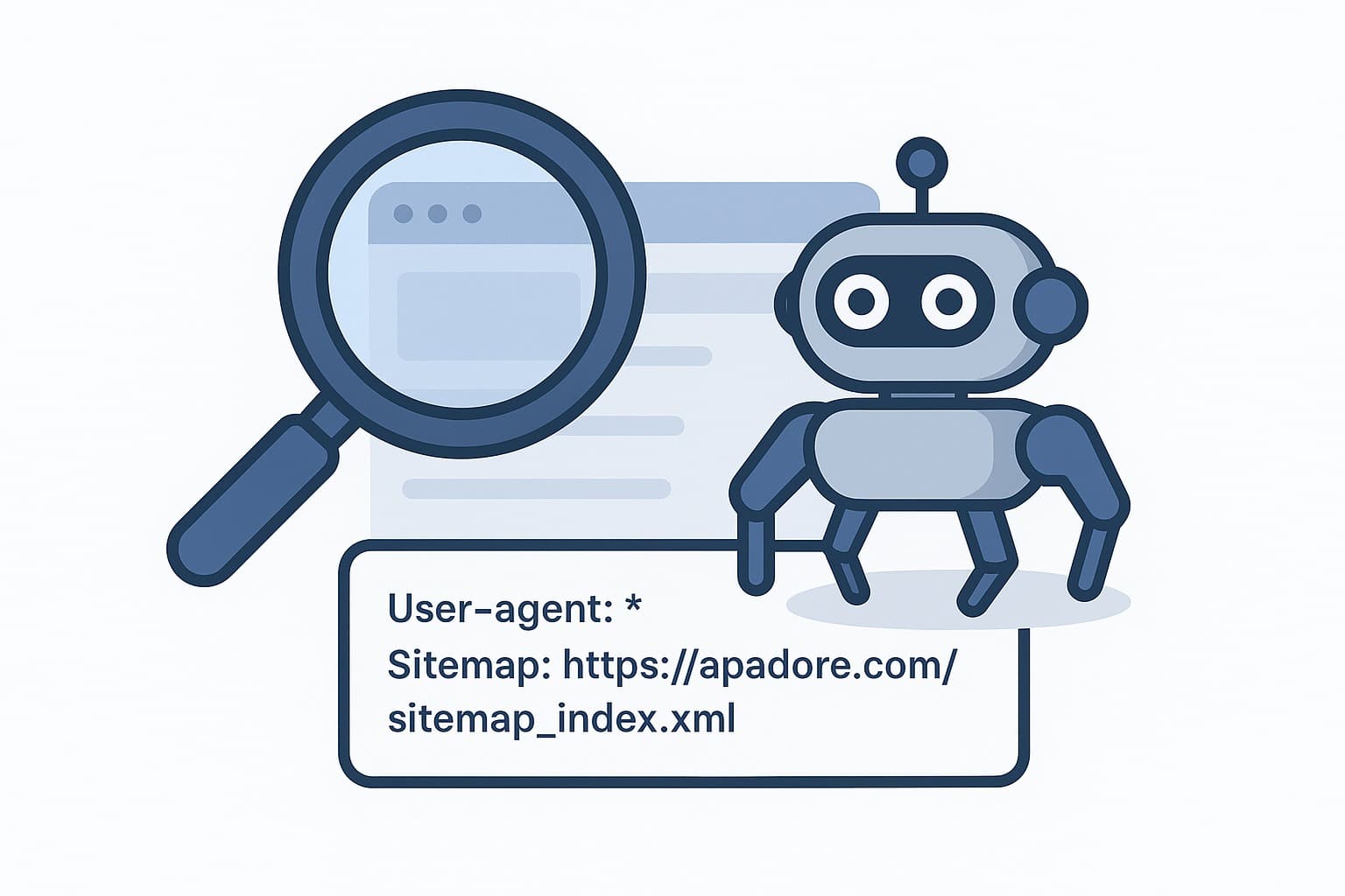 Ilustrace SEO s robotem vedle lupy, textem Apadore a sitemap odkazem symbolizujícím procházení a indexaci webových stránek.