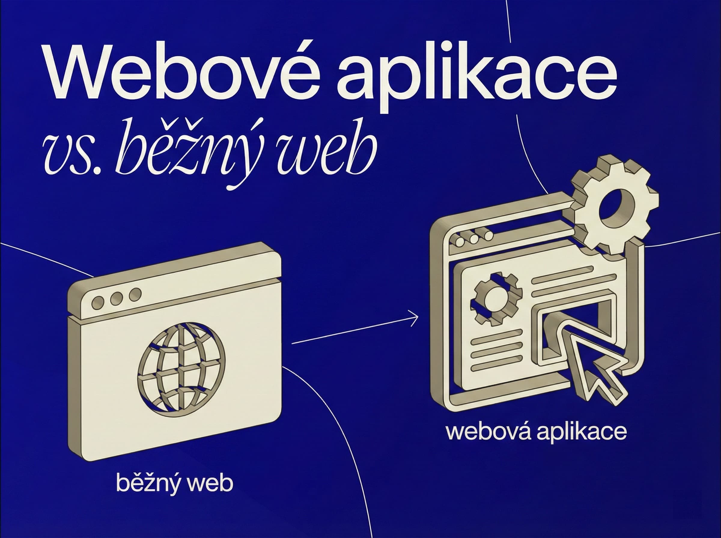 Porovnání webové aplikace s běžným webem s ilustracemi dvou různých typů online platforem na modrém pozadí s nabídkou možností a funkcí.