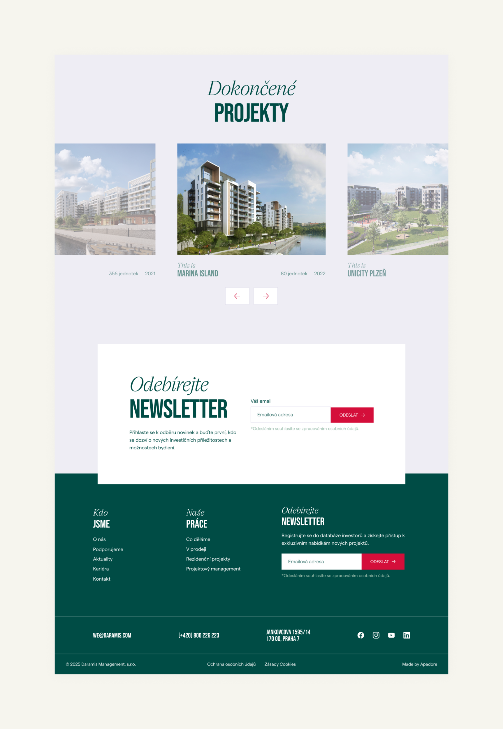 Webová stránka zobrazující dokončené developerské projekty s názvy Vivaan Glasir a Infinity Pilsen a pozvánkou k odběru newsletteru v moderním designu.