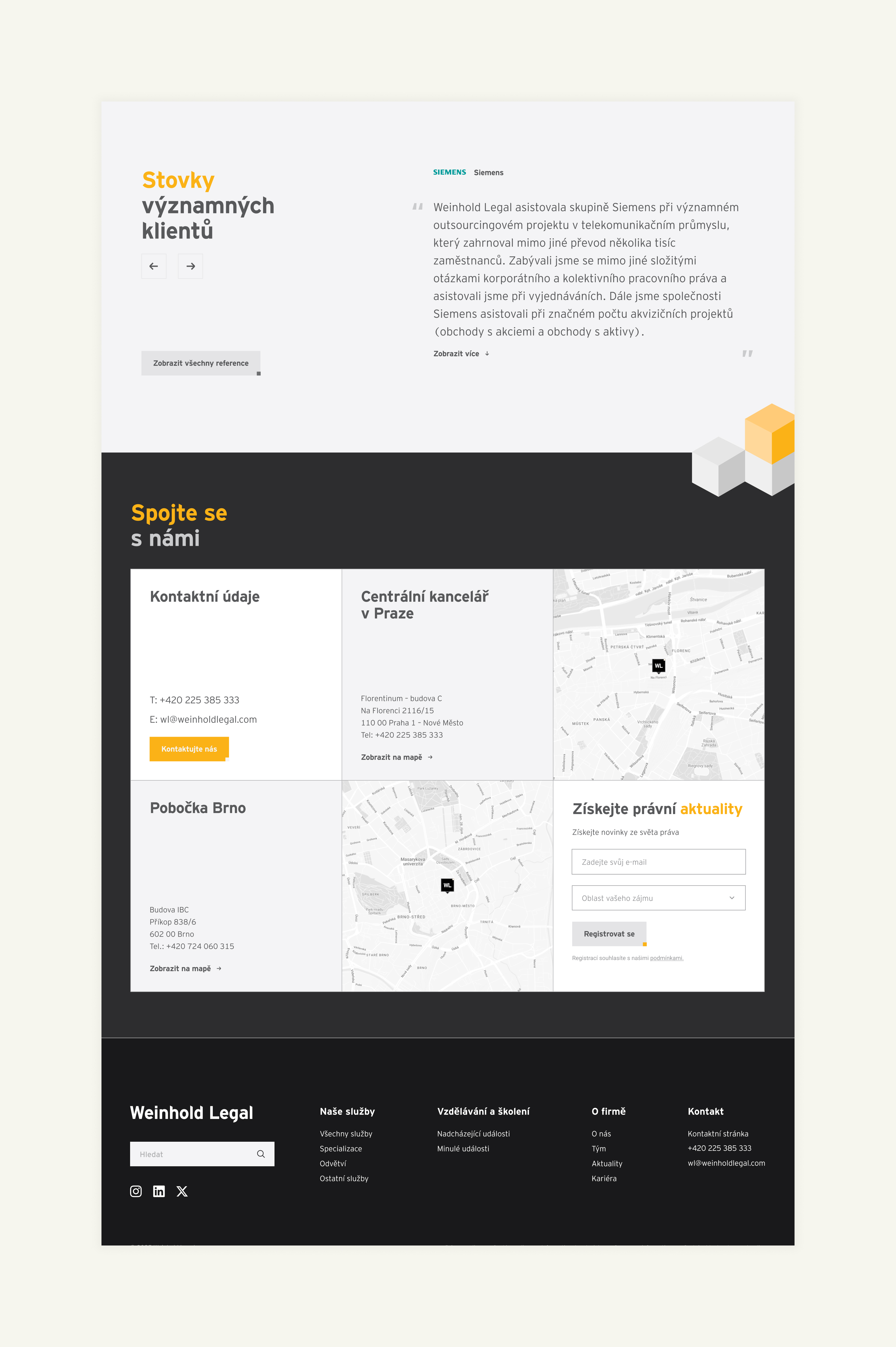 A website featuring contact information and maps for Weinhold Legal. It includes text about notable clients and a section for legal news. The design is elegant and features a black-and-white color scheme.