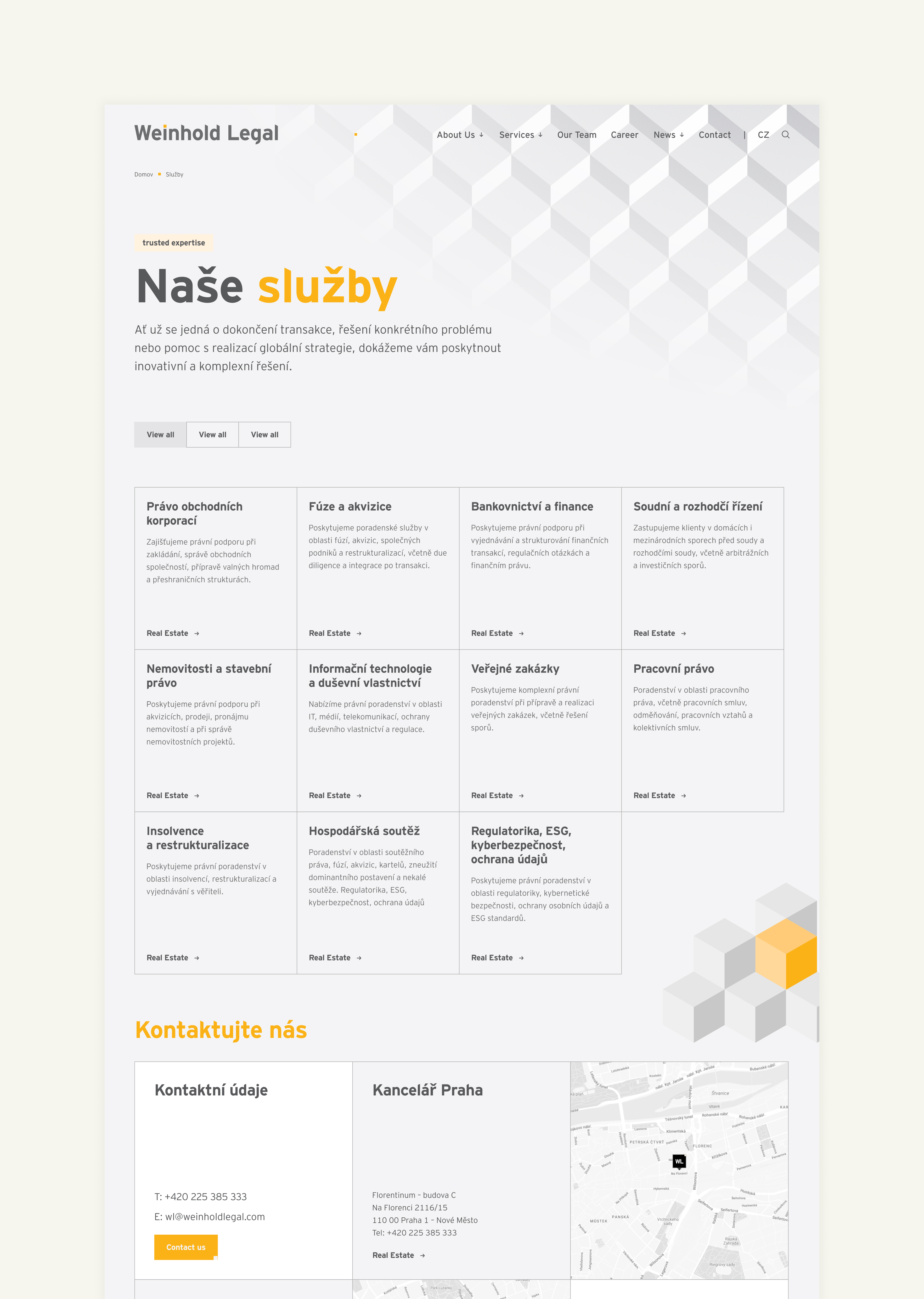 The Weinhold Legal website features a white and gray design with yellow text. It lists the firm’s legal services, including corporate law, tax consulting, and real estate, along with contact information.