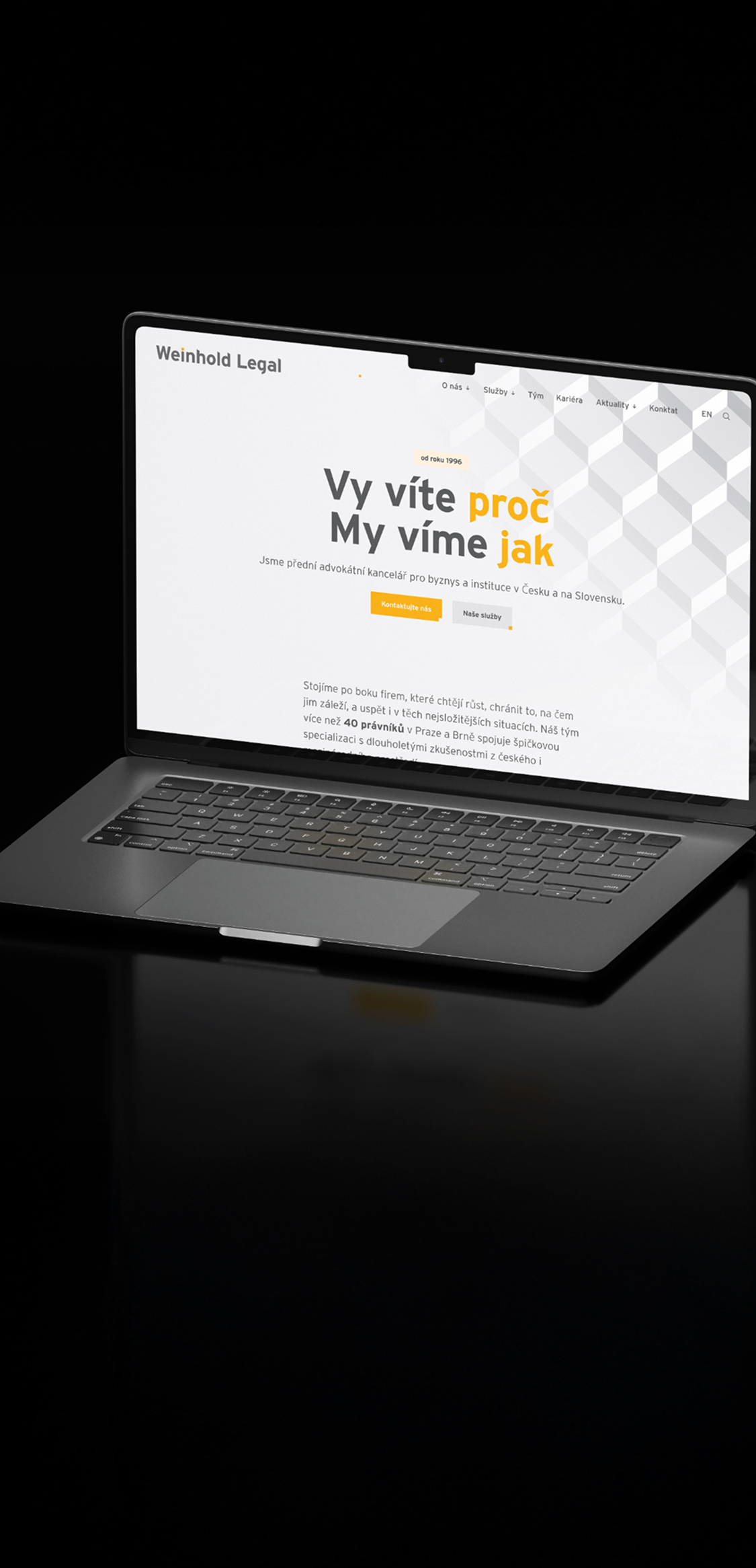 A laptop displaying the Weinhold Legal law firm's website with the text "You know why. We know how" on a black background. Professional design and legal advice