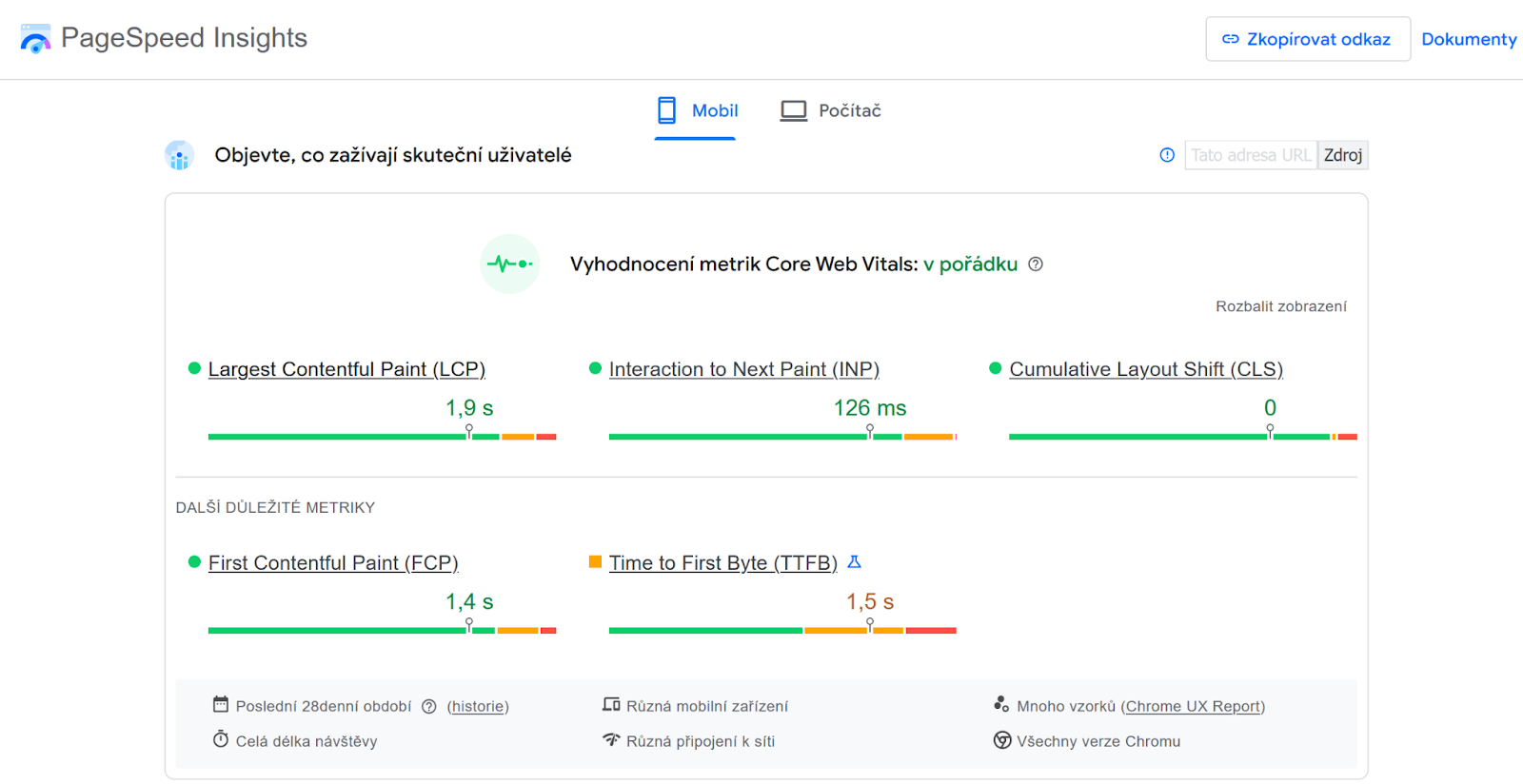 Na obrázku je analýza výkonu webové stránky s hodnocením 79 a velikostí stránky 12.4 MB doba načítání 3.15 s a 44 požadavky Spodní část ukazuje doporučení pro zlepšení výkonu
