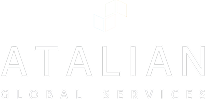 Černobílé logo společnosti Atalian Global Services znázorňující název firmy a stylizovaný grafický prvek nad textem na černém pozadí