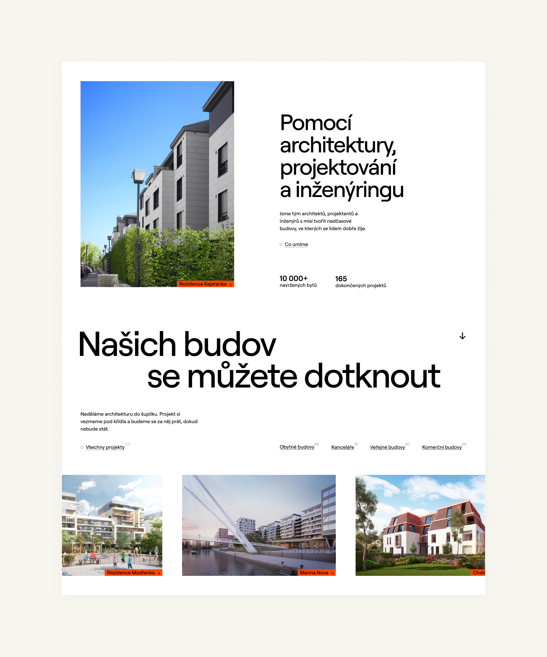 Moderní webová stránka architektonické firmy s minimalistickým designem. Obsahuje obrázky budov a texty o architektuře, projektování a inženýringu.