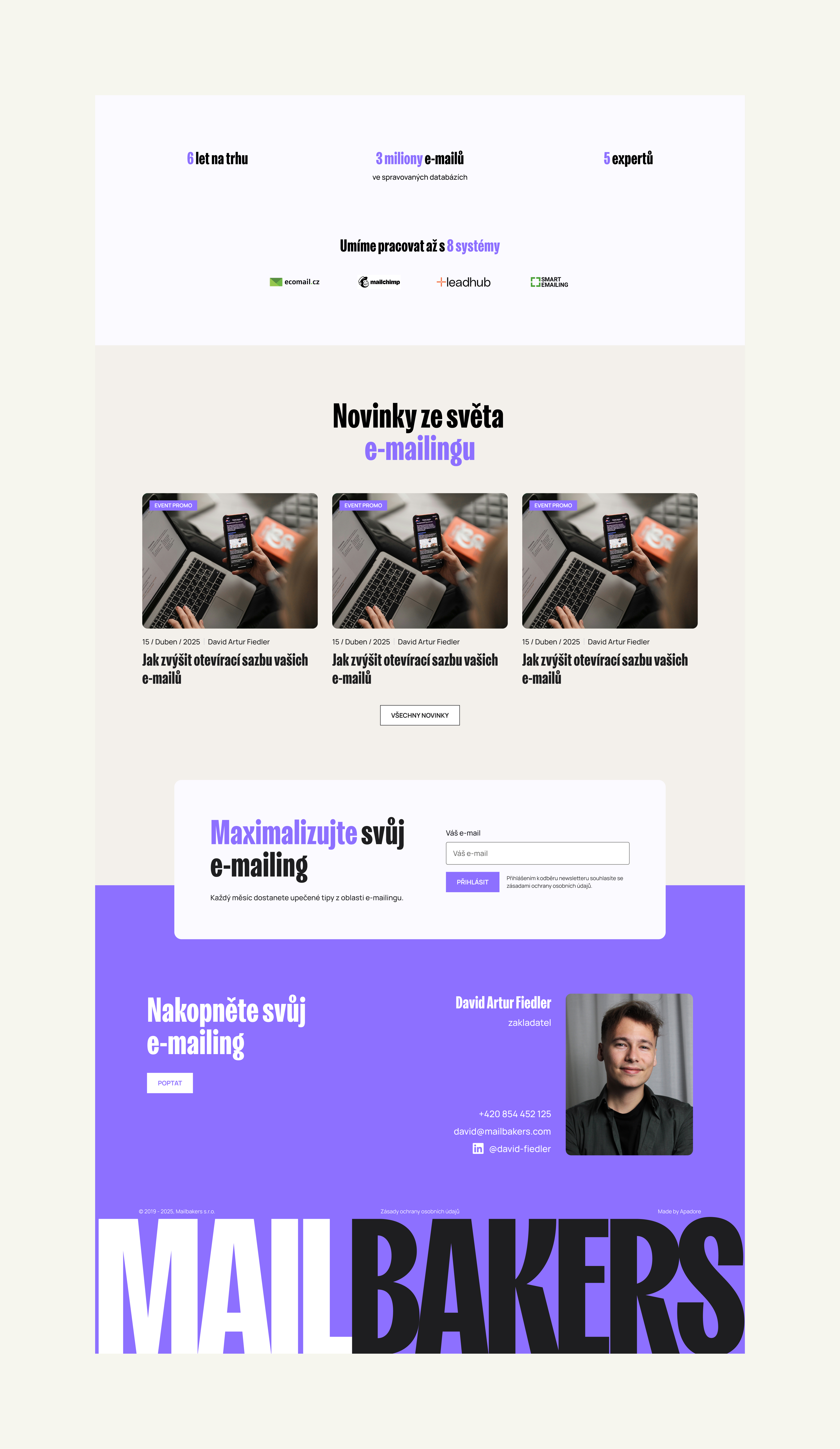 Webová stránka MailBakers s nabídkou služeb pro zlepšení e-mail marketingu obsahující novinky tipy a sekci pro optimalizaci otevřenosti e-mailů s obrázky a kontaktem.