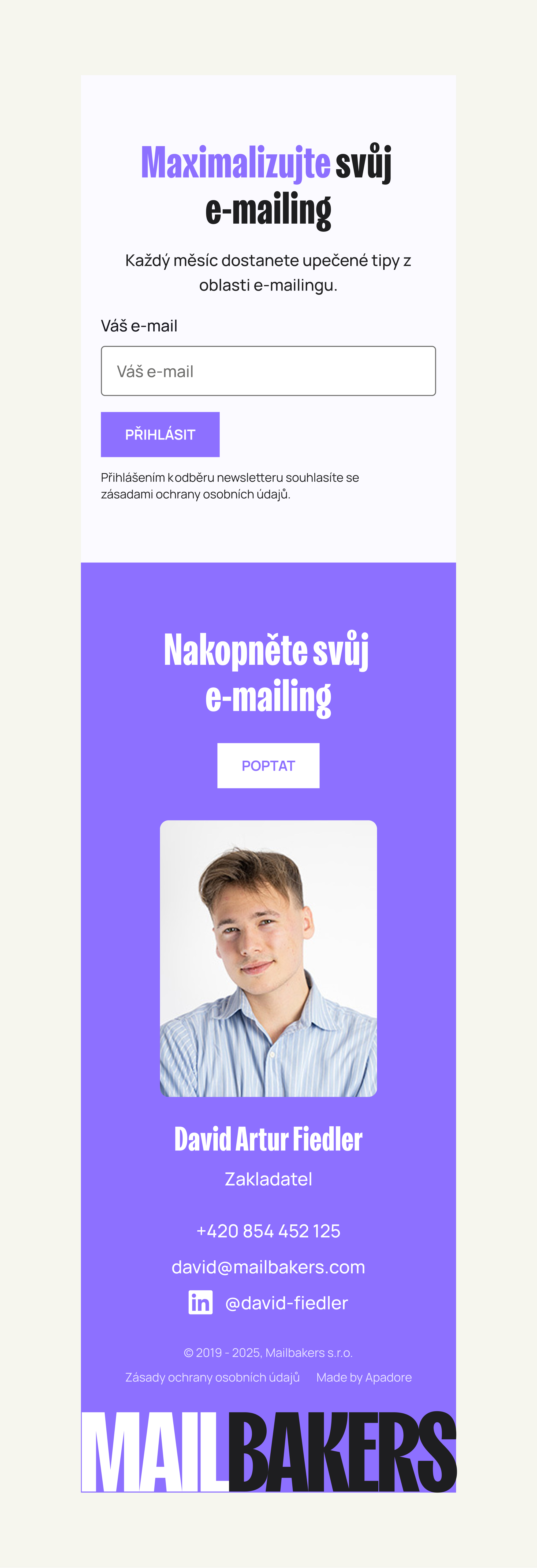 Informační leták propagující e-mailingovou službu Mailbakers s přihlašovacím formulářem pro newsletter a kontaktními údaji zakladatele společnosti.