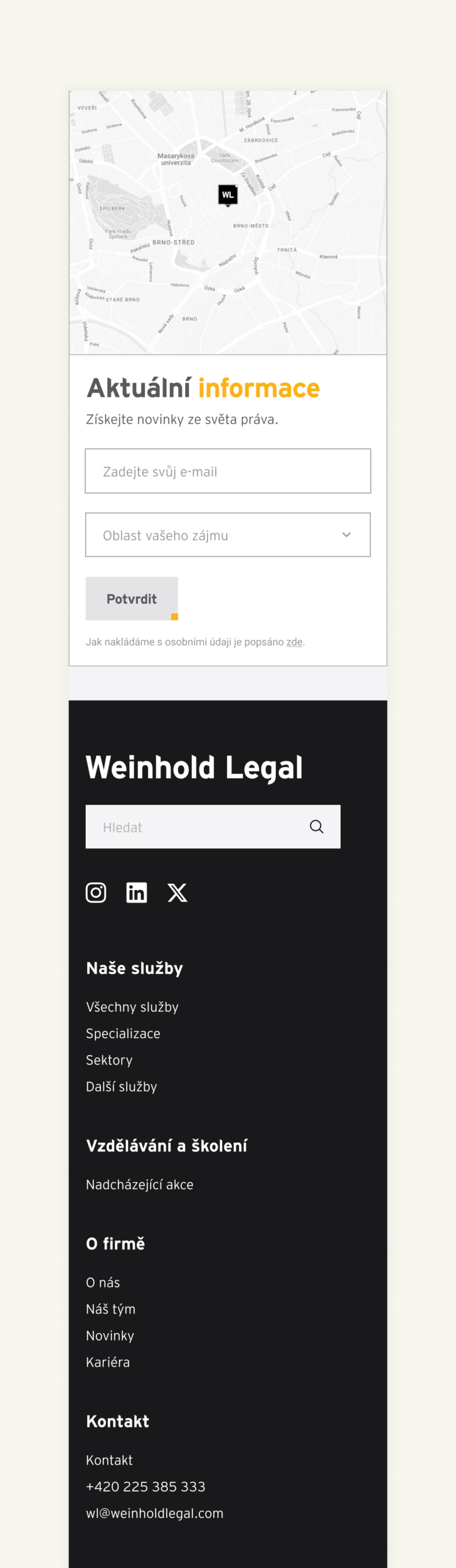 The Weinhold Legal website, featuring a map showing the office's location, an option to subscribe to the newsletter, contact information, and a list of legal services provided.