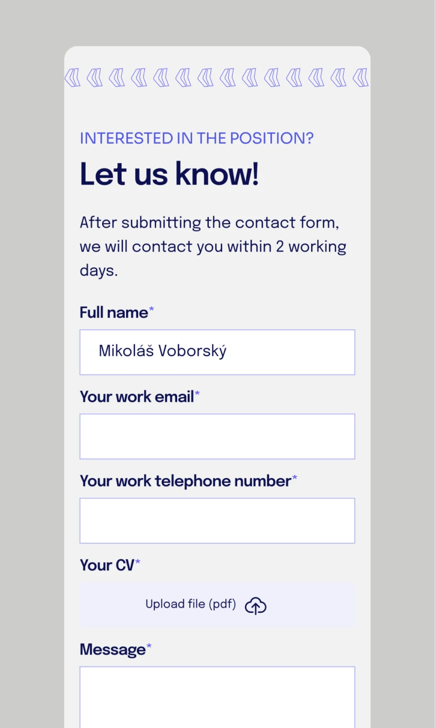 Kontaktní formulář pro uchazeče o práci s políčky pro jméno email a telefonní číslo