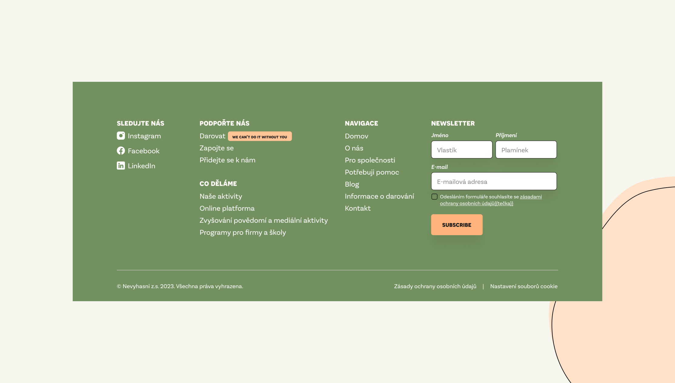 A website header with contact information and a newsletter sign-up form on a green background, featuring social media icons and navigation links.