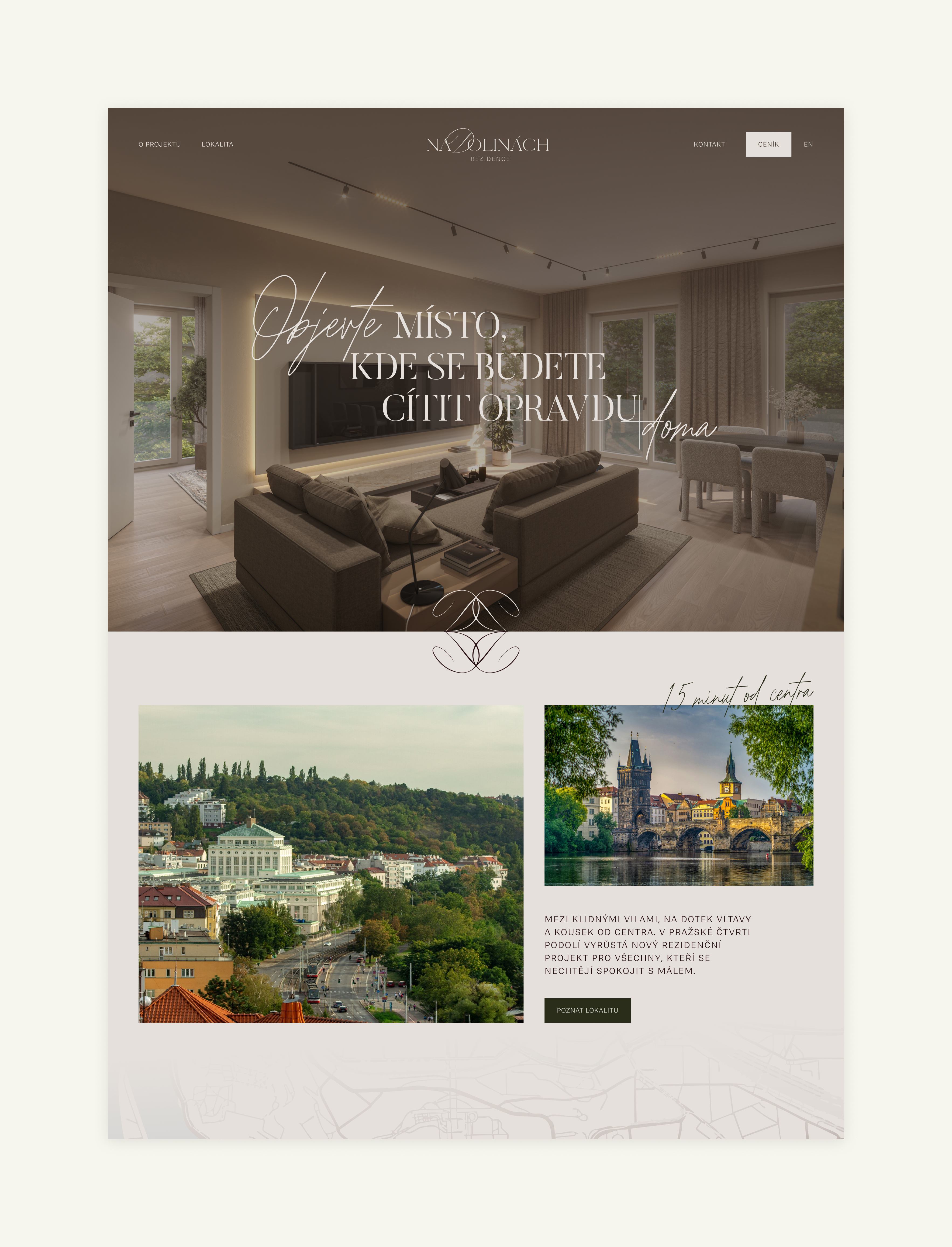 Náhled webové stránky s elegantním obývacím pokojem a výhledem na město. Stránka nabízí luxusní bydlení s moderním designem a panoramatickým výhledem na přírodu.