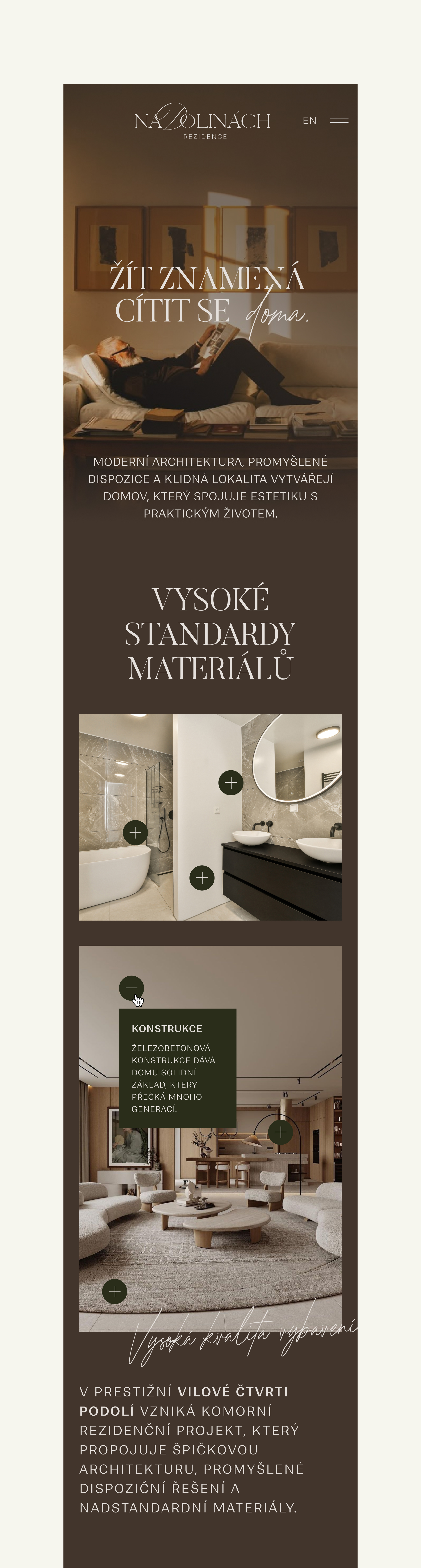 Reklamní plakát na rezidenční projekt Na Dolinách ukazuje moderní architekturu interiérového designu s kvalitními materiály a příjemnou domácí atmosférou.