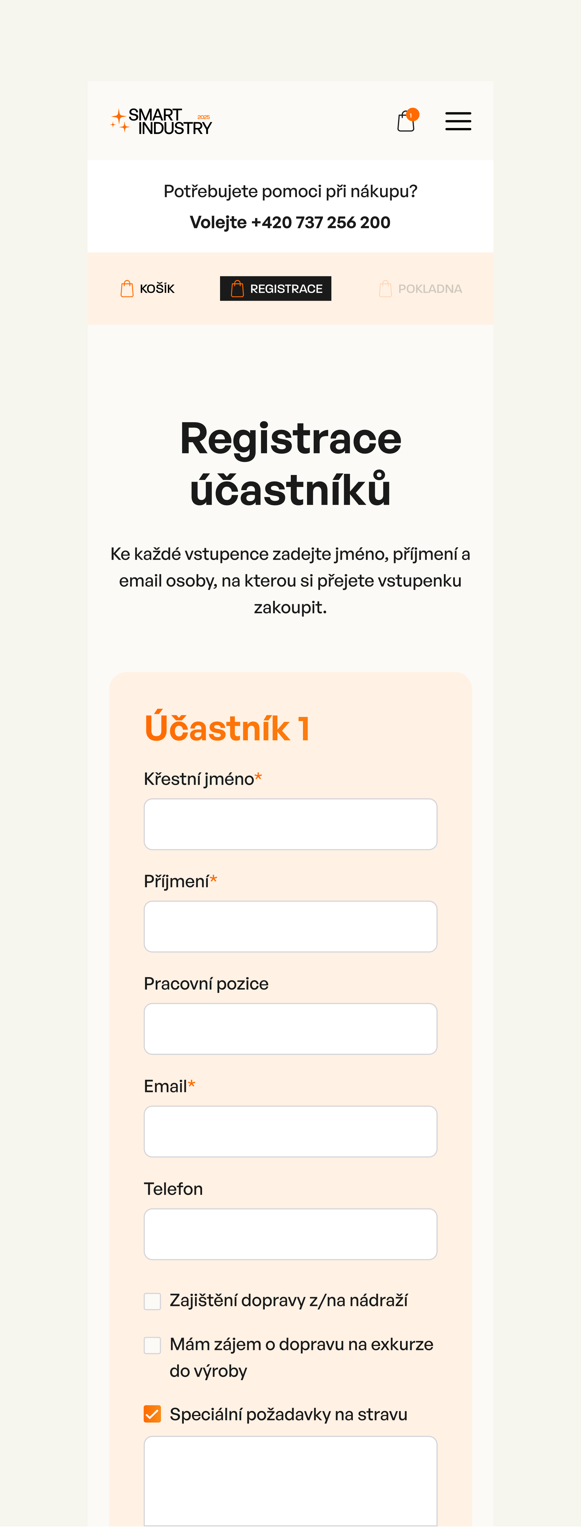 Formulář pro registraci účastníků události s poli pro jméno, příjmení, pozici a kontakt. Zahrnuje možnosti dopravy a stravy s kontaktním číslem pro pomoc.