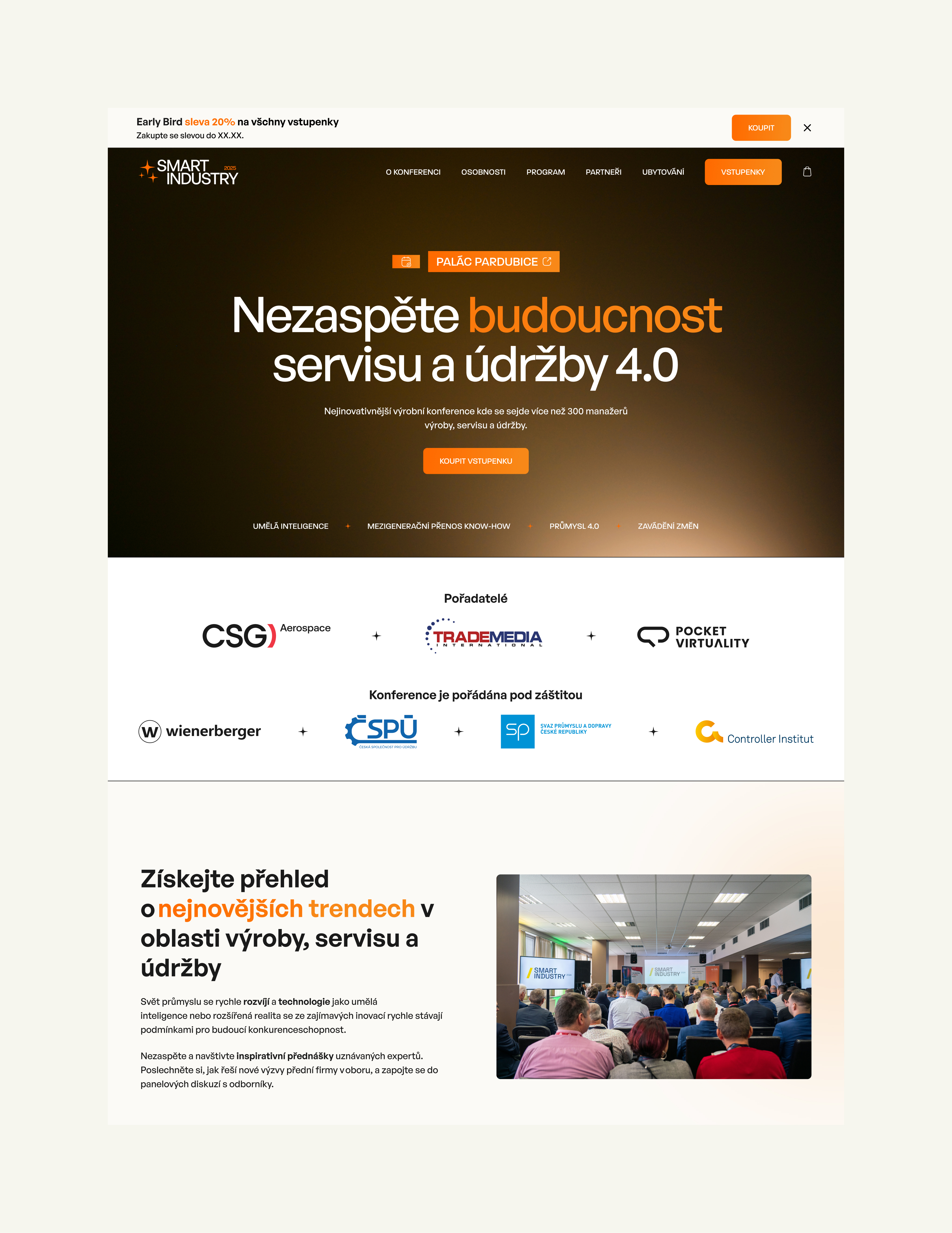 Webová stránka konference o trendech v oblasti servisu a údržby 4.0 s informacemi o partnerech a sponzorech. Vzdělávací akce zaměřená na moderní technologie.